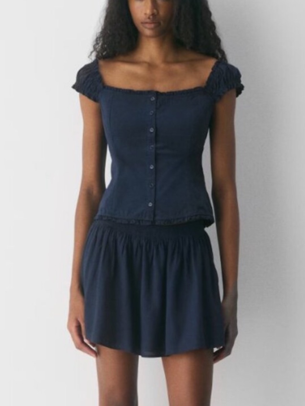 Off-Shoulder Navy Button-Front Women’s Top